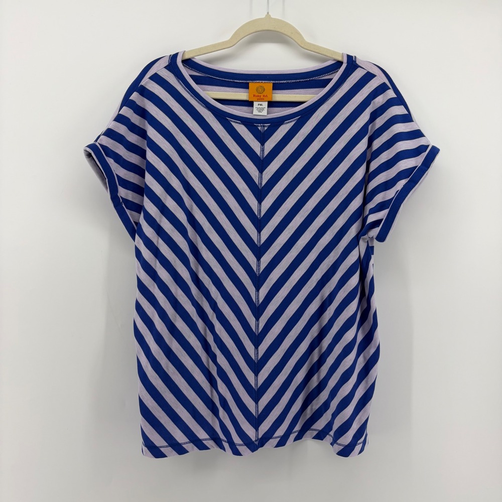 Ruby Rd Womens PXL Blue Lavender Striped Short Sleeve Chevron Scoop Neck Top